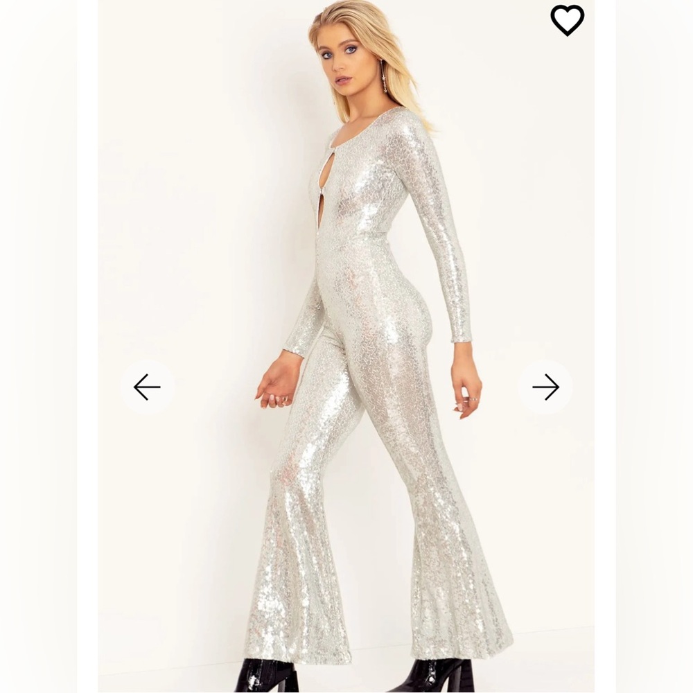 Blackmilk Silver Sequin Jumpsuit with Keyhole Front